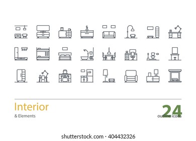 Set of outline interior icons. Line art. Stock vector.