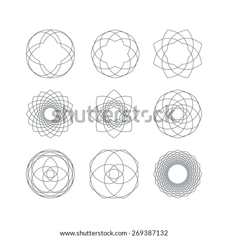 Set of Outline Isolated Guilloche Forms. Vector Decorative Pattern Elements.