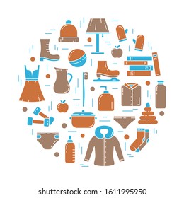 Set of outline isolated vector icons. Home stuffs, food, clothes shoes toys. Cutout silhouette poster for shopping. Flat round illustration. Color product categories for personal consumption concept