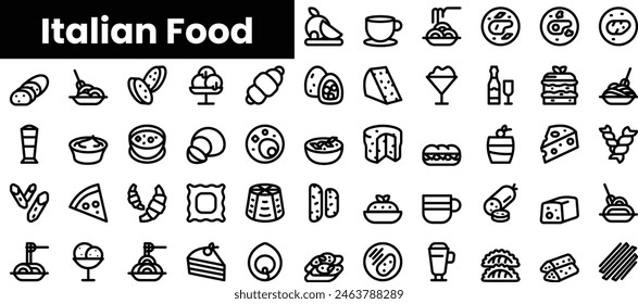 Conjunto de iconos de comida italiana. Conjunto de iconos de Web lineal fino minimalista. Ilustración vectorial.