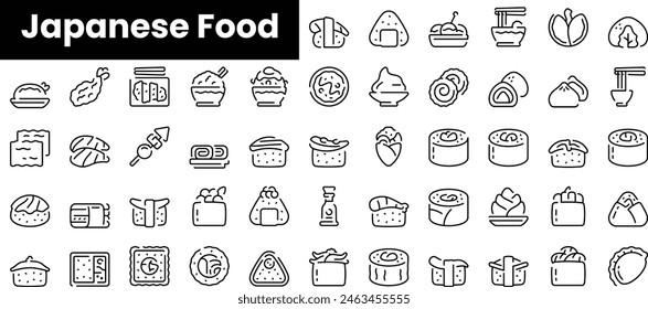 Conjunto de iconos de comida japonesa. Conjunto de iconos de Web lineal fino minimalista. Ilustración vectorial.