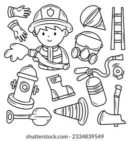 Set of Outline Kawaii Fireman Doodle Hand Drawn