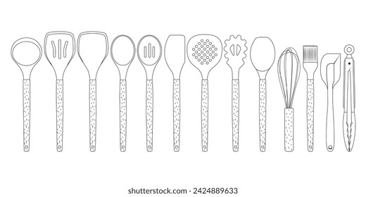 Set of outline kitchen tools doodles. Hand drawn silhouettes of kitchenware.