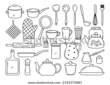 Set of outline kitchen tools doodles. Hand drawn silhouettes of vintage kitchenware. Pan, spoon, spatula, teapot, cup, cutting board, plate, jar icons in line style. Tableware items vector collection