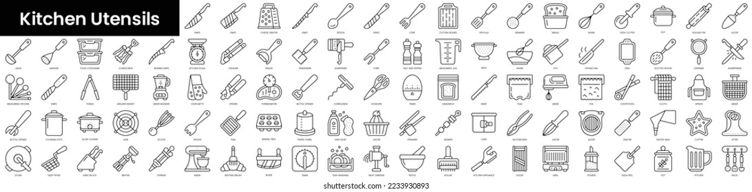 Set of outline kitchen utensils icons. Minimalist thin linear web icon set. vector illustration.