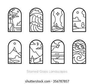 Set of outline landscapes framed in stained glass window. Vector graphics.