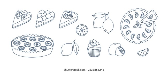 Set of outline lemon cakes and lemons. Doodle drawing for t-shirt print, invitation, card, menu design. Isolated vector illustration