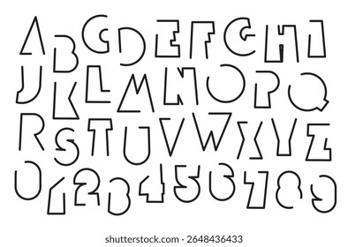Um conjunto de letras de contorno com uma forma geométrica simples. Fonte em preto e branco com um tema esportivo, dinâmico e moderno. Letras e números do alfabeto latino. Nenhuma IA usada