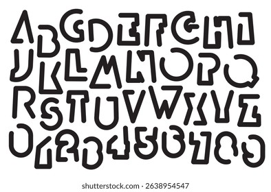 A set of outline letters with a simple, thick, geometric shape. Black and white font with a sporty, dynamic, modern theme. Latin alphabet letters and numbers. No AI used