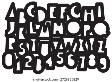 Um conjunto de letras de contorno com uma forma geométrica simples, espessa. Fonte em preto e branco com um tema esportivo moderno, dinâmico e esportivo. Letras e números do alfabeto latino.