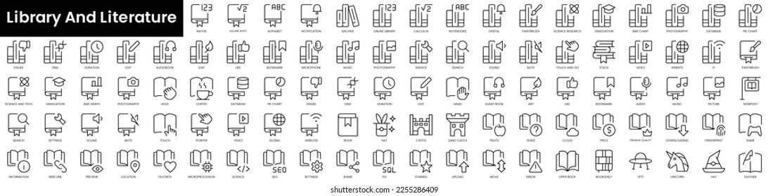 Set of outline library and literature icons. Minimalist thin linear web icon set. vector illustration.
