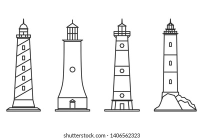 Set of outline lighthouse icons isolated on white background. Searchlight towers for maritime navigation guidance. Sea beacon for security and navigation. Template for your design.