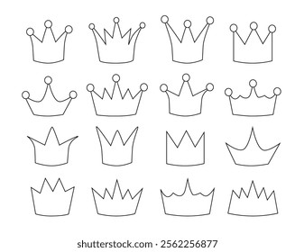 Set of outline, Line art crowns. Simple icons with crowns of kings, princes, monarchs and queens. Flat vector illustration collection.