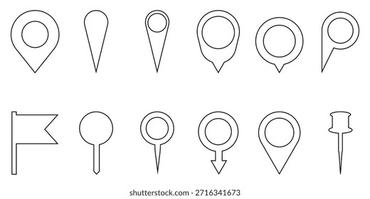 Conjunto de ponteiro do mapa do pin da localização da estrutura de tópicos e ícones de bandeira para navegação geográfica e design do marcador