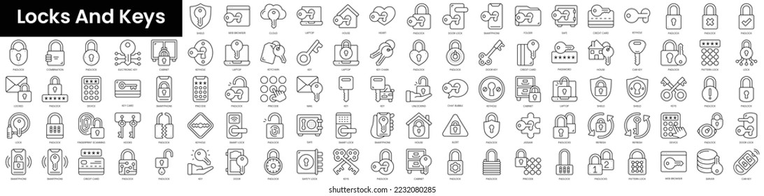 Set of outline locks and keys icons. Minimalist thin linear web icon set. vector illustration.