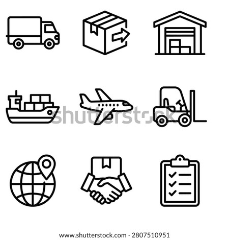 Set of Outline Logistic and Delivery Service Icons Including Truck, Cargo, Warehouse, Ship, Airplane, Forklift, Globe, Handshake, Checklist
