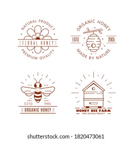 Set of outline logo or badge design templates. Organic and eco honey labels isolated on white background. Honey production company, honey package.