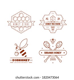 Set of outline logo or badge design templates. Organic and eco honey labels isolated on white background. Honey production company, honey package.