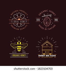 Set of outline logo or badge design templates. Organic and eco honey labels isolated on black background. Honey production company, honey package.