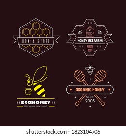 Set of outline logo or badge design templates. Organic and eco honey labels isolated on black background. Honey production company, honey package.