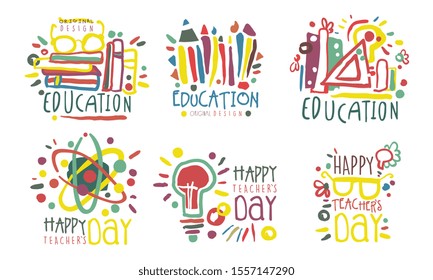 Set of outline logos for celebrating teachers day. Vector illustration.