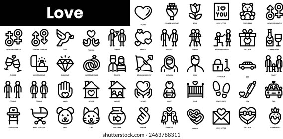 Set of outline love icons. Minimalist thin linear web icon set. vector illustration.