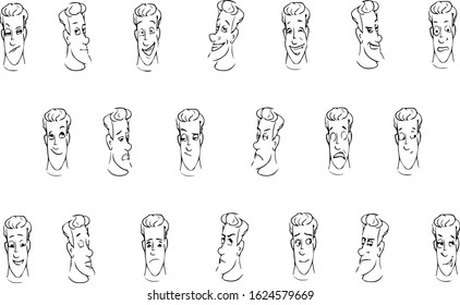 Set of outline male faces with different emotions. Human feelings, face expressions. Vector illustration.