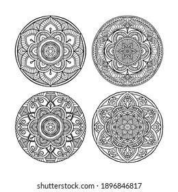 Set of Outline Mandala decorative round ornament, can be used for coloring book, anti-stress therapy, greeting card, phone case print, etc. Hand drawn style isolated on white background