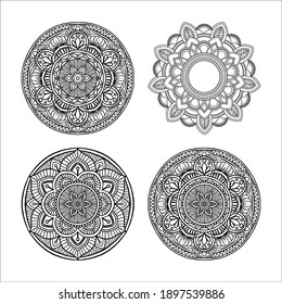 Set of Outline Mandala decorative round ornament, can be used for coloring book, anti-stress therapy, greeting card, phone case print, etc. Hand drawn style isolated on white background
