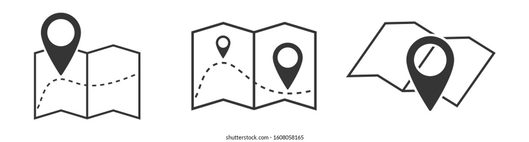 Set of outline map symbols. Map with location symbol in flat style. Vector location map icon isolated.