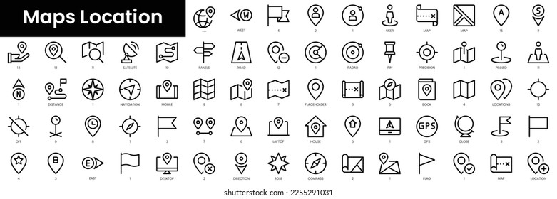 Conjunto de iconos de ubicación de mapas de esquema. Conjunto de iconos de la web lineal delgada y minimalista. ilustración vectorial.