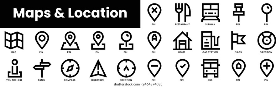 Set of outline maps and location icons. Minimalist thin linear web icon set. vector illustration.