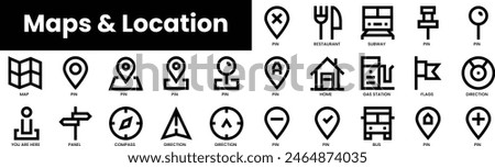Set of outline maps and location icons. Minimalist thin linear web icon set. vector illustration.