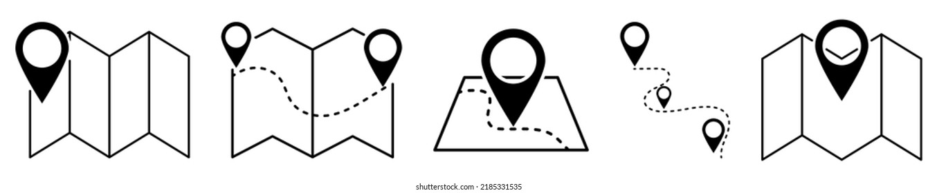 Conjunto de mapas de esquema e iconos de pines. Diseño para aplicaciones web y móviles. Ilustración del vector 