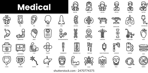 Conjunto de iconos médicos de contorno. Conjunto de iconos de Web lineal fino minimalista. Ilustración vectorial.