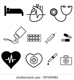 Set of Outline Medical Icons in Monochrome Flat Design. Vector Illustration
