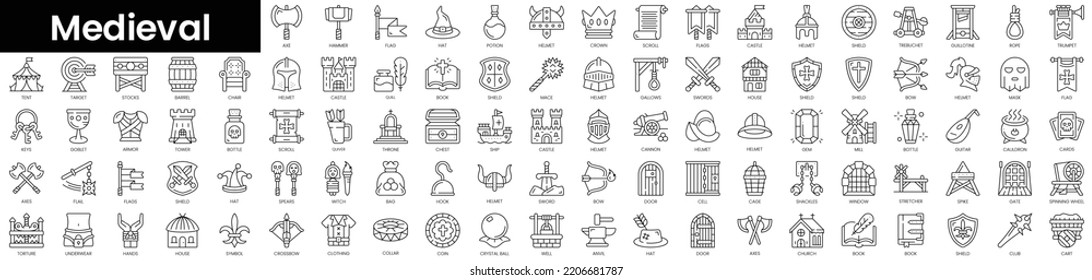 Set of outline medieval icons. Minimalist thin linear web icon set. vector illustration.