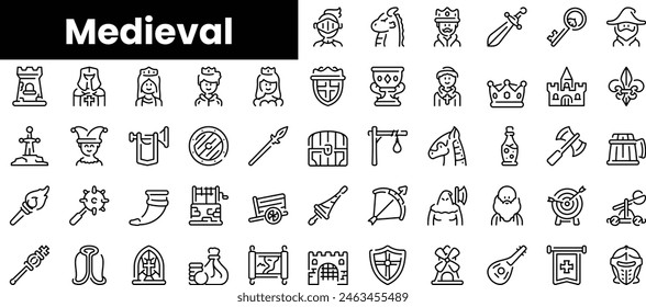 Set of outline medieval icons. Minimalist thin linear web icon set. vector illustration.