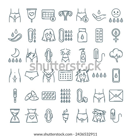 Set of outline menstruation period items. Various feminine hygiene products, menstrual protection elements. Tampons, reusable pads, panties, icons of emotional mood. Isolated flat vector illustration