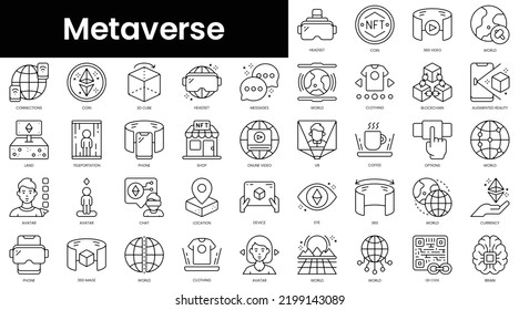 Conjunto de iconos de metaverso de contorno. Conjunto de iconos web lineales delgados y minimalistas. ilustración vectorial.