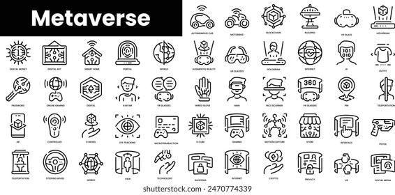 Set of outline metaverse icons. Minimalist thin linear web icon set. vector illustration.