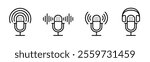 Set of outline microphone icons. Template for audio, music or podcast design. Editable stroke. Isolated vector illustration