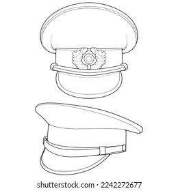 Set of outline military cap vector illustration isolated on white background. Outline military cap vector for coloring book.
