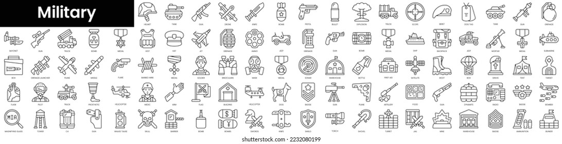 Conjunto de iconos militares de esquema. Conjunto de iconos de la web lineal delgada y minimalista. ilustración vectorial.