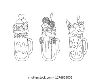 Set of outline milkshakes with ice cream, cookie, candy, cake, sweets, whipped cream, lollipop,  marshmallow, syrup,  wafer and other decoration.