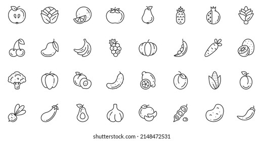 Set of outline minimalistic icons of fruit and vegetable for mobile concepts and web apps. Collection modern infographic logo. Simple pattern. Vector flat illustration