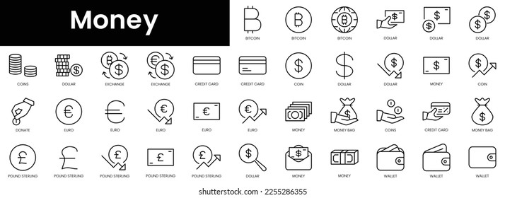 Set of outline money icons. Minimalist thin linear web icon set. vector illustration.