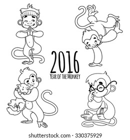 Set of outline monkeys. Symbol of 2016 - a monkey. Vector Cartoon character on a white background.