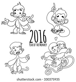 Set of outline monkeys. Symbol of 2016 - a monkey. Vector Cartoon character on a white background.