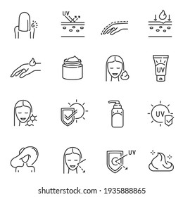 Set Outline Monochrome Sunscreen Icon Vector Illustration. Collection Uv Protection Accessories Cosmetics Symbols Isolated On White. Bundle Sun Block Logo Spf Safety Skin Care Anti Ultra Violet Rays